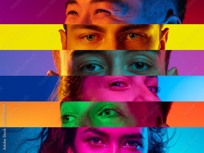 Diverse faces forming a rainbow flag